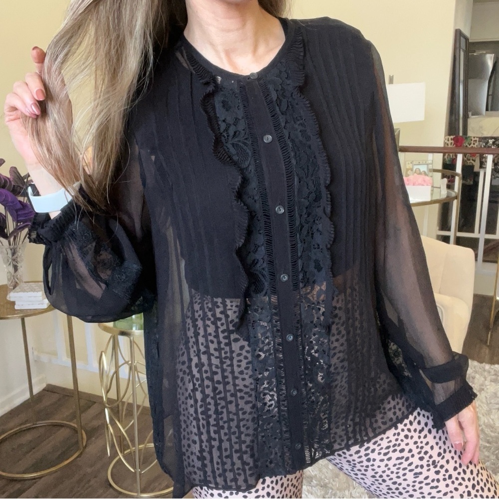 Rebecca Taylor Black Crewneck Long Sleeves Ruffled Button Up Sheer Blouse 12 - Picture 3 of 12